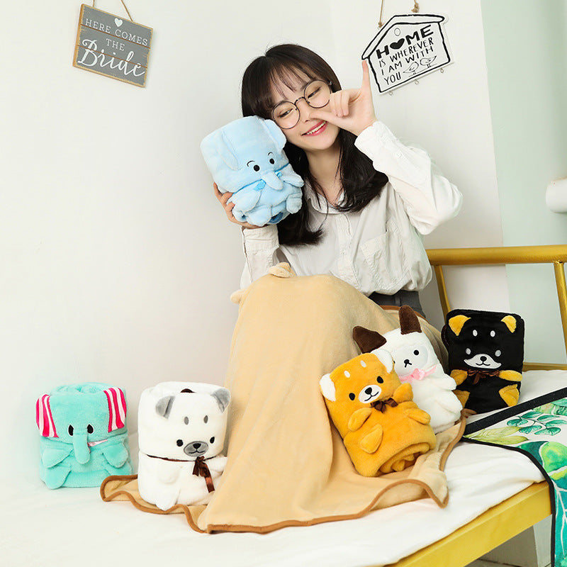 Double-sided cartoon animal roll blanket. Perfect for wrap, nap time, travel, or gifting to someone special