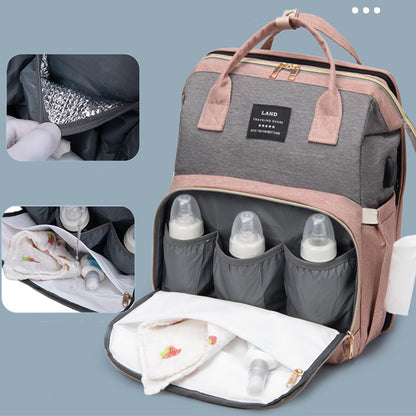 Large Capacity Diaper Bag Backpack with Crib & Insulated Bottle Holder – Travel Baby Bag for Moms