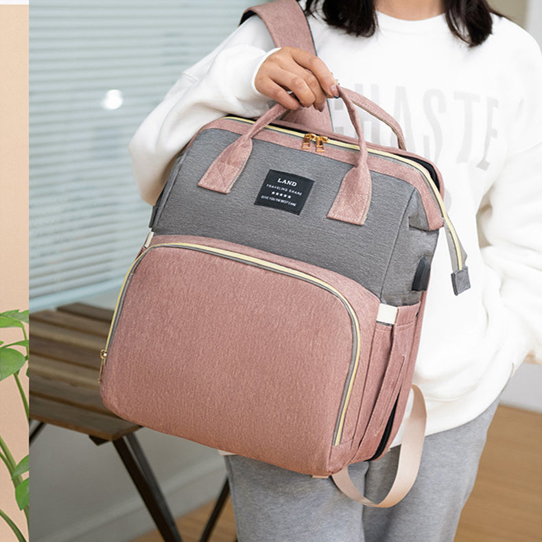 Large Capacity Diaper Bag Backpack with Crib & Insulated Bottle Holder – Travel Baby Bag for Moms