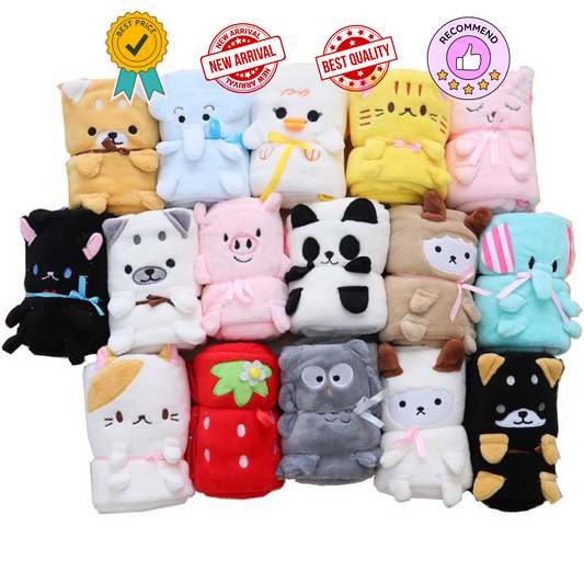 Double-sided cartoon animal roll blanket. Perfect for wrap, nap time, travel, or gifting to someone special