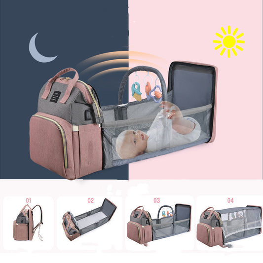 Large Capacity Diaper Bag Backpack with Crib & Insulated Bottle Holder – Travel Baby Bag for Moms