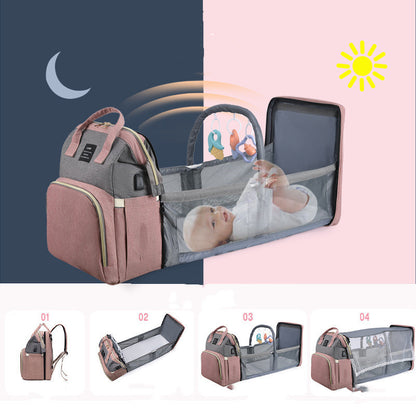Large Capacity Diaper Bag Backpack with Crib & Insulated Bottle Holder – Travel Baby Bag for Moms